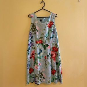 Talbots Blue Floral Roses Sleeveless V-Neck Box Pleat Dress